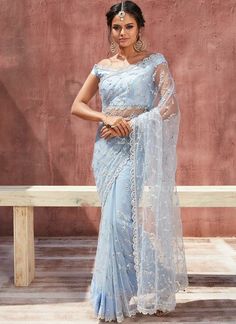 Sky Blue Net Saree, Hindi Clothes, Designer Sarees Wedding Party Wear, Blue Net Saree, Light Blue Saree, Wedding Farm, Designer Sarees Wedding, Wedding Party Wear