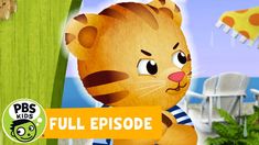 a cartoon cat is sitting in front of some chairs and umbrellas with the caption full episode