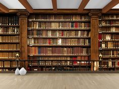 an empty library with bookshelves and vases on the floor in front of them