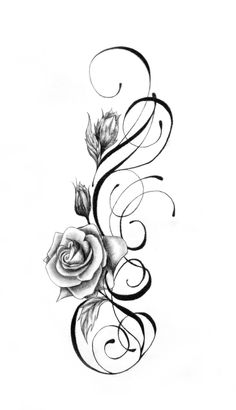 a rose with swirls and leaves tattoo design on the back of a woman's shoulder