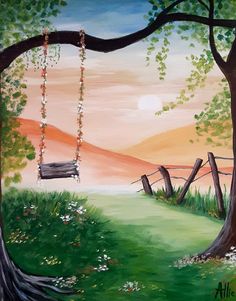 a painting of a swing hanging from a tree