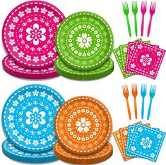 colorful plates, forks and napkins are arranged in the shape of an intricate flower