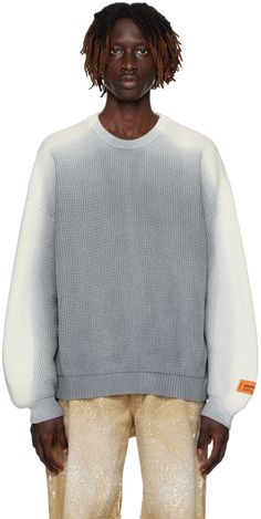 Handcrafted rib knit cotton sweater. Gradient pattern printed throughout. · Rib knit crewneck, hem, and cuffs · Logo patch at sleeve Supplier color: Grey/White Gradient Sweater, Gradient Fashion, Men’s Knitwear, Rib Sweater, Printed Knitwear, Knitwear Men Outfit, Cotton Knit Sweater, Knit Sweater Men, Sweater Designs