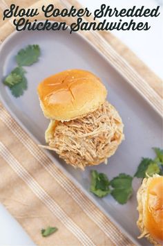 two pulled pork sandwiches on a plate with cilantro