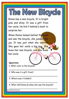 the new bicycle worksheet for kids to learn how to read and understand it