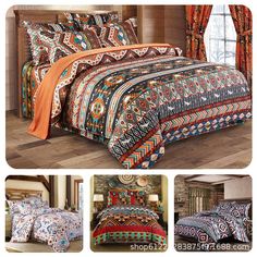 an image of a bed with colorful comforter and pillows on it in different colors