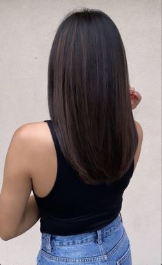 Medium Length U Shaped Haircut, U Shaped Medium Haircut, Brown Highlights On Straight Black Hair, Long Layers On Mid Length Hair, Medium Haircut No Layers, Medium Length Haircut Front Layers, Dark Brunette Hair Straight, Long Subtle Soft Layers, Medium Length Haircut U Shape