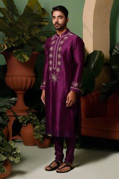 Midnight purple silk chanderi kurta with pearl embellished, star embroidered motifs. Comes with matching churidar.
Components: 2
Pattern: Embroidered
Type Of Work: Pearl,Sequin,Cutdana
Neckline: Mandarin Collar
Sleeve Type: Full
Fabric: Silk Chanderi, Lining: Cotton
Color: Purple
Other Details: 
Straight silhouette
Attached lining
Closure: Kurta: Front Hook
Kurta Length: 48 Inches
Occasion: Sangeet,Mehendi and Puja - Aza Fashions Luxury Purple Raw Silk Kurta, Luxury Churidar With Zari Work And Mandarin Collar, Luxury Churidar With Dabka Work And Mandarin Collar, Luxury Purple Formal Kurta, Luxury Purple Sherwani For Eid, Luxury Purple Kurta With Dori Work, Luxury Mandarin Collar Churidar For Festivals, Luxury Purple Art Silk Kurta, Father Son Matching Outfits