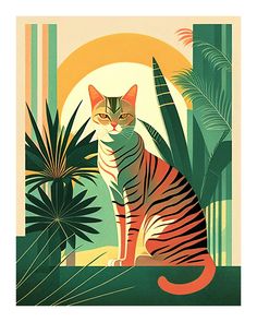 a cat sitting in the middle of some plants and trees with an orange sun behind it