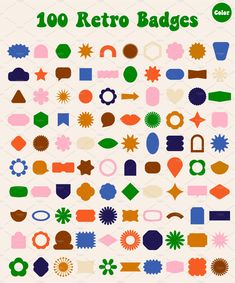 a poster with different shapes and sizes on it's back cover for the book 100 retro badges