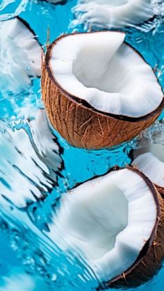 three coconuts are in the water and one is cut open to show it's inside