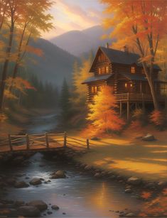 a painting of a log cabin in the woods by a river at sunset or sunrise