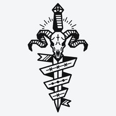 a black and white drawing of a cross with horns