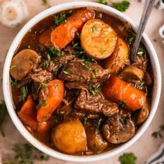 a bowl of beef stew with carrots, potatoes and parsley on the side