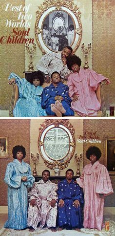 two pictures of the same family in different outfits, one with an afro woman and one with