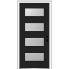 a black door with three glass panels on the top and bottom panel, in front of a white background