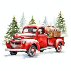 an old red truck with luggage on the back is parked in front of some pine trees