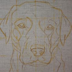 a drawing of a dog's face on a piece of paper with yellow lines