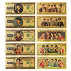 four pictures of young men and women on one hundred dollar bills, each with an image of the same person