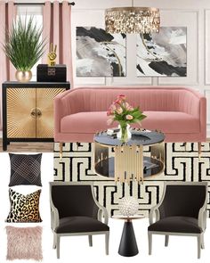 a living room with pink couches, black chairs and gold accents on the walls