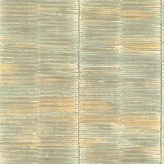 a beige and green wallpaper with vertical stripes on the bottom, in an irregular pattern