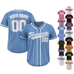 Pinstripe Custom Baseball Jersey is a stylish and functional piece that ensuring a comfortable fit for individuals, couples, teams, or anyone who loves Baseball fashionable and sporty vibe. From casual outings to intense gameplay, this baseball jersey always guarantees both style and performance. If you have any other design ideas, or any changes to the jersey details, simply share an image and we will create a visual representation for you to confirm. ⚾FEATURES - Personalized team name, name, n Cheap Customizable College Jerseys, Cheap Striped Varsity Baseball Jersey, Cheap Blue College Baseball Jersey, Striped Baseball Jersey With Three Stripes And Baseball Collar, Striped Baseball Jersey With Baseball Collar For Sports Events, Collegiate Striped Baseball Jersey, Striped Baseball Jersey With Collar For Sports Events, Striped Baseball Jersey With Collar, Striped Baseball Jersey With Team Name For Sports