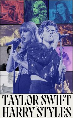 the poster for taylor swift and harry styles shows two people holding microphones in front of them