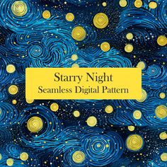 starry night seamless digital pattern with yellow and blue swirls on the background