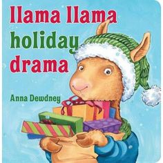 the llama llama holiday drama is shown in front of a blue background with presents