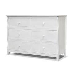 a white dresser with six drawers and two doors on each side, in front of a white background