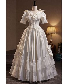 Get 10% off now! Buy retro lace satin vintage wedding dress with short sleeves at cheap price online. Free stable shipping and pro custom service since 2009. Playful Wedding Dress, Wedding Dress With Short Sleeves, Different Wedding Dresses, White Ball Gowns, Bow Wedding, Bow Wedding Dress, Cathedral Wedding, Vintage Wedding Dress, Satin Short