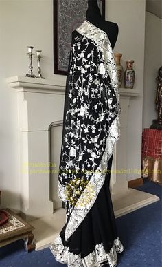 Hand embroidered pure georgette Parsi Gara Saree Parsi Gara Embroidery, Gara Embroidery, Joanna Krupa, Banarsi Saree, Elegant Saree, Georgette Saree