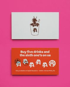 two business cards with the words buy five drinks and the sixth one's on us