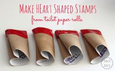 four rolled up toilet paper rolls with the words make heart shaped stamps from toilet paper rolls