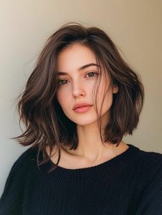 Square Bob Haircut Medium, Medium Bob Side Bangs, Hair 30s For Women, Bouncy Lob Haircut, Side Bangs Brown Hair, Layers In Shoulder Length Hair, Shoulder Length Haircut Brunette, Short Haircuts For Women Side Part, 90s Lob Haircut Brunette