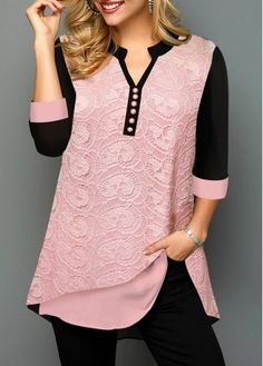 Color:Pink;Size:S;Size:M;Size:L;Size:XL;Size:XXL;Decoration:Lace Patchwork;Package Contents:1 X Blouse;Season:Winter;Color Scheme:Pink;Sleeve's Length:Three Quarters Sleeve;Pattern Type:Patchwork;Neckline:Split Neck;Clothing's Length:Long;Occasion:Staycation;Washing Instructions:Hand Wash;Composition:95%Polyester , 5%Spandex;Style:Casual; Modern Stitching, Black Valentines, Lace Panel Top, Stylish Tunic, Leopard Black, Blouse Style, Trendy Fashion Tops, Stylish Blouse, Lace Patchwork