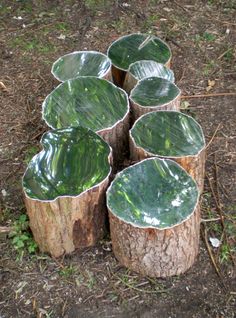 several wooden stumps with green leaf designs on them in the grass and dirt area