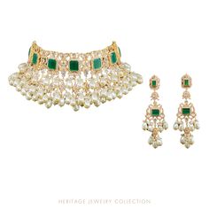 This bridal set is a stunning combination of remarkable craftsmanship and beautiful colors! Our Yashfa Set is bedecked with stunning emerald stones and pearl beads to create a perfect celebratory set. With an all over stone work, this set is timeless and memorable. The set includes a choker and a pair of matching earrings. Approximate earrings length is 4.25". Gold-plated on high-quality brass as base metal. Made by order. Kindly allow 5-7 weeks for the delivery of this item. For custom or urgen Emerald Chandbali Wedding Jewelry, Wedding Emerald Jewelry For Diwali, Elegant Green Lehenga With Stone Work, Heavy Emerald Jewelry For Wedding, Elegant Green Celebration Sets, Elegant Lehenga For Festive Gift, Elegant Lehenga For Festive Occasions, Elegant Lehenga With Stone Work For Gift, Elegant Lehenga For Festive Occasions As A Gift