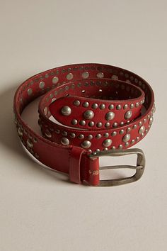 A classic accessory infused with heritage style, this leather belt from We The Free features rounded stud details for an eye-catching addition to any outfit. **Features:** Medium width, leather fabrication, rounded stud embellishments, adjustable buckle closure **Why We | We The Free Sola Stud Belt at Free People in Red, Size: XS/S Cool Belts For Women, Chic Belt Outfit, Cute Belts For Women, Vintage Belts Aesthetic, Black And Red Accessories, Fall Accessories 2024, Chunky Belt Aesthetic, Thrift Accessories, Vintage Leather Belt Women