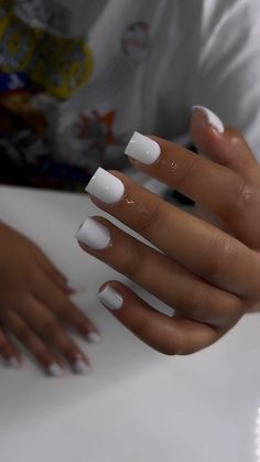 White Nails Very Short, Short All White Nails, Nail Idea Not Acrylic, 2 Short Nails 3 Long, White Nails Painted, Mail Ideas For Short Nails, Milky White Gel Nails With Design, White Nails With Polka Dots, Natural Nails Acrylic Design