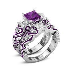 two rings with purple and white stones on them, one has an amethorate center