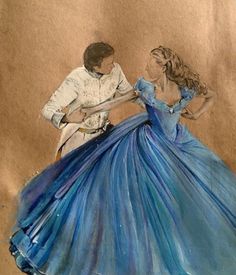 a drawing of a man and woman dressed in blue dress, with one holding the other's hand