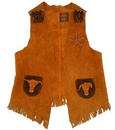 JOHN R. CRAIGHEAD & CO. INC., DENVER, COLORADO MID-20TH CENTURY AMERICAN VINTAGE SIGNED WESTERN COWBOY/COWGIRL YELLOW OCHRE & CHOCOLATE BROWN SUEDE & LEATHER FRINGED VEST, with SEWN LEATHER 'ARIZONA' SHERIFF'S STAR BADGE, CUT-OUT STEER SUEDE DECORATED POCKETS & STUDDED TRIM DECORATION [Suede skirt pictured not included] (Circa 1974-1986) Mid-20th century vintage Western themed children's apparel for Halloween & costumed events DIMENSIONS:  20" Length x 9 1⁄2" Width (Shoulders) x 14 1⁄2" Bottom W Brown Sleeveless Vest For Western-themed Events, Western Rodeo Vest, Western Style Sleeveless Vest For Rodeo, Western Style Brown Vest For Western-themed Events, Brown Western Vest For Western-themed Events, Western Brown Vest For Fall, Western Style Brown Vest For Fall, Brown Western Vest For Fall, Fitted Vest For Western-themed Events In Fall