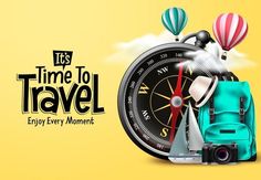 the time to travel poster is displayed with an alarm clock and hot air balloons in the sky