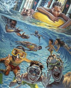 an image of children swimming in the water with life vests and goggles on