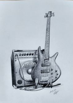 a drawing of an electric guitar and amp with a pencil on the bottom right hand side