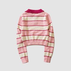 Features: Regular fit Turndown collar Knitted construction Striped pattern design Ribbed sleeve cuffs and bottom hem Material: polyester Stripes Pattern Design, Cropped Pullover, Costume Bags, Turndown Collar, Striped Crop Top, Bra Set, Crop Top Sweater, Pink Sweater, Cropped Sweater