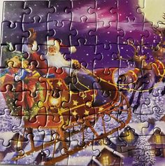 a christmas jigsaw puzzle with santa on his sleigh