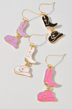 Western themed cowboy earrings in lavender with a cowboy hat and a cowboy boot design Western Style Earrings For Gifts, Western Style Jewelry For Summer Gift, Western Style Summer Jewelry For Gift, Western Style Summer Jewelry As A Gift, Cowboy Earrings, Cowboy Boot Earrings, Boot Earrings, Pink Cowboy Hat, Eclectic Jewelry