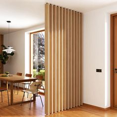 Wood Home Design Ideas, Oak Room Divider, Midcentury Modern Room Dividers, Wooden Slat Room Divider, Wood Seperator Wall, Wood Room Divider Ideas, Wood Panel Room Divider, Room Seperate Ideas, Japandi Room Divider